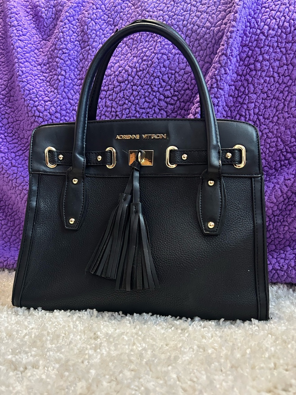 Adrienne Vittadini Black Leather Tassel Top-Handle Satchel